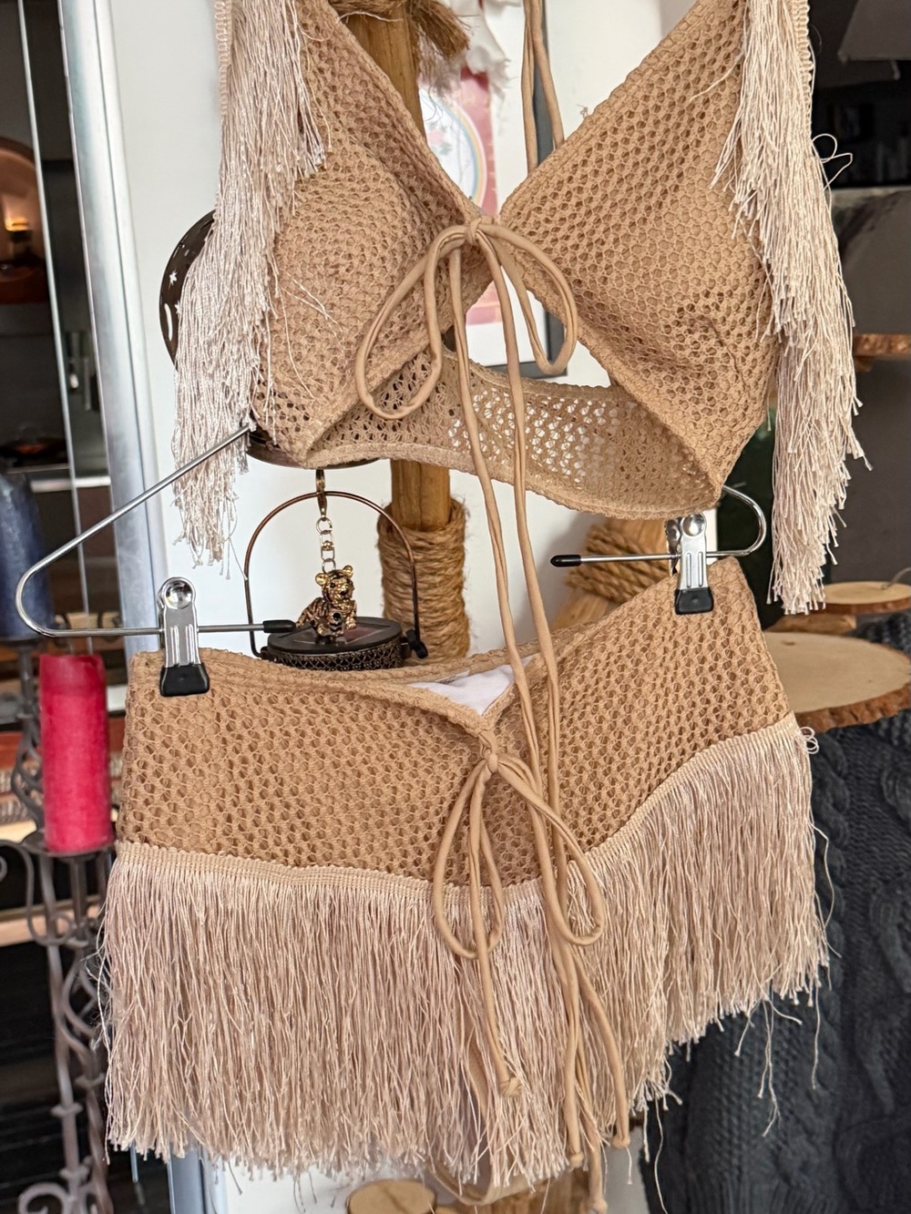 Women's Tan Fringe Crochet Bikini Set - Tie Front Swim Top & bottom. Size M